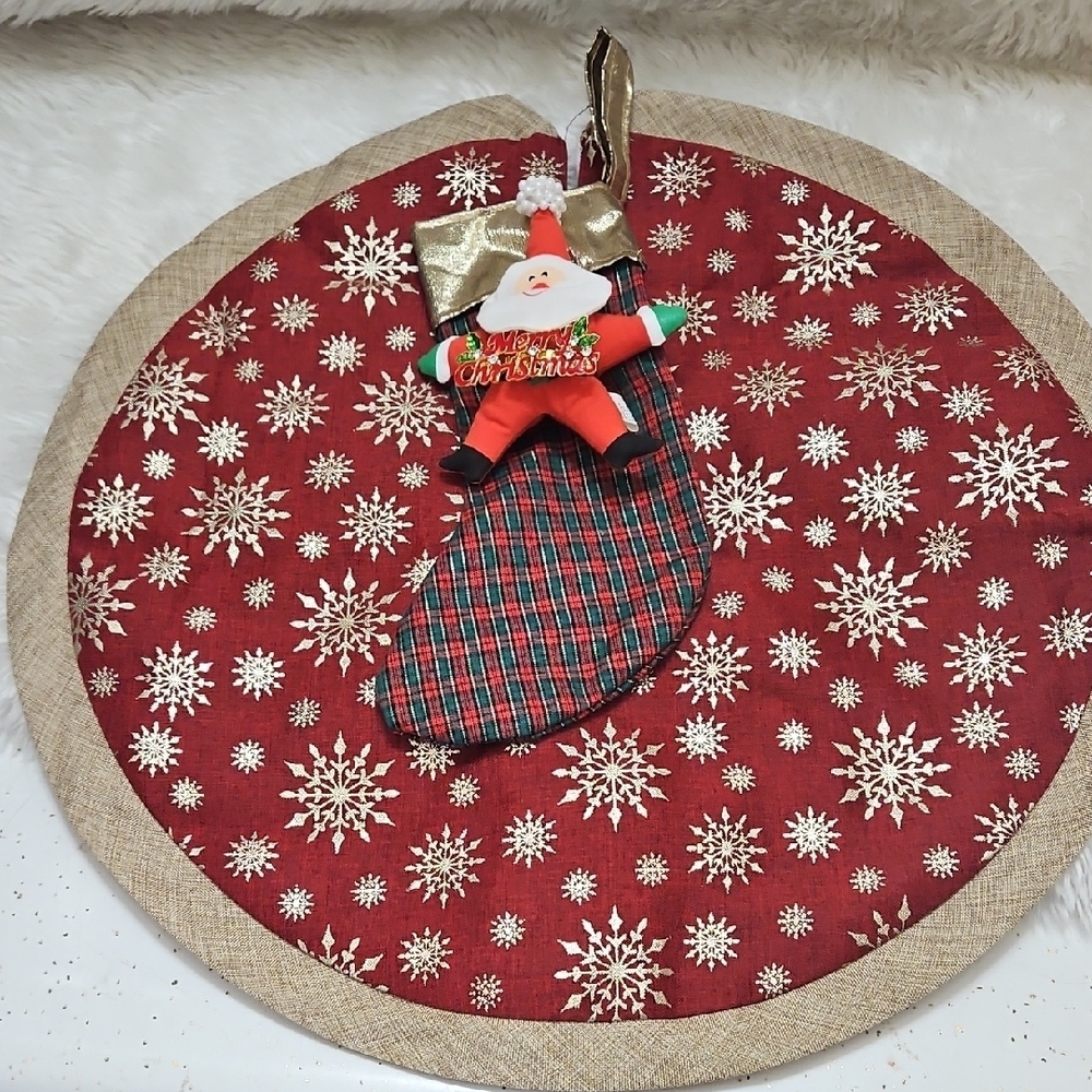 Upcycled Red and Gold Christmas Stocking and Tree Skirt Set